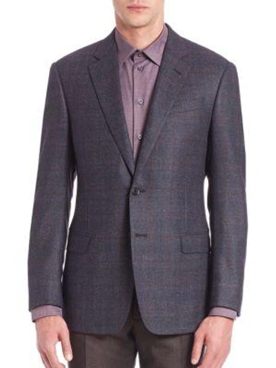 Armani Collezioni Checkered Wool Jacket In Navy