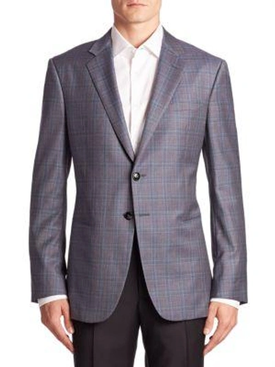 Armani Collezioni Taylor-fit Virgin Wool Plaid Blazer In Grey