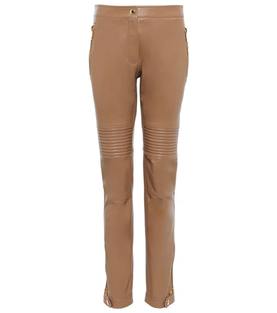 Burberry Christy Zip-cuff Leather Skinny Trousers In Camel