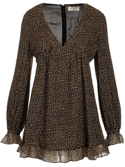 Saint Laurent Wool Leopard-print Minidress In Brown