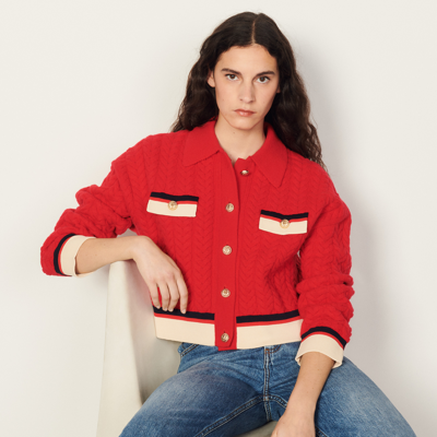 Sandro Idriss Colorblock Cable Knit Wool Cardigan In Red