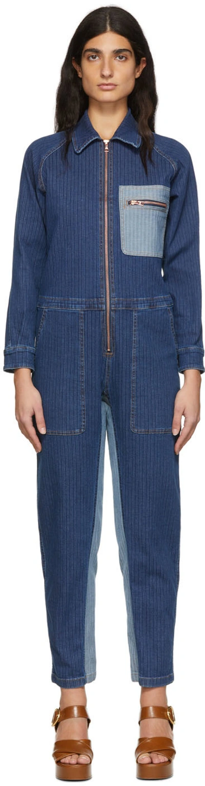 See By Chloé Patchwork Striped Denim Jumpsuit In Blue