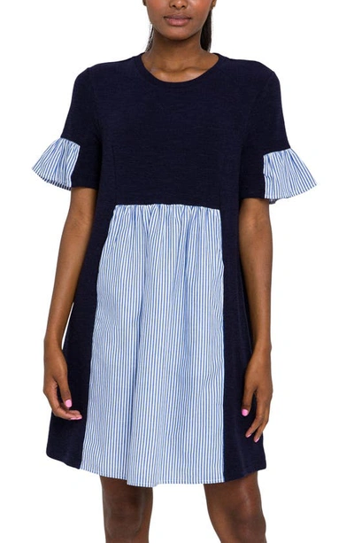 English Factory Knit Stripe Woven Mixed Dress In Blue