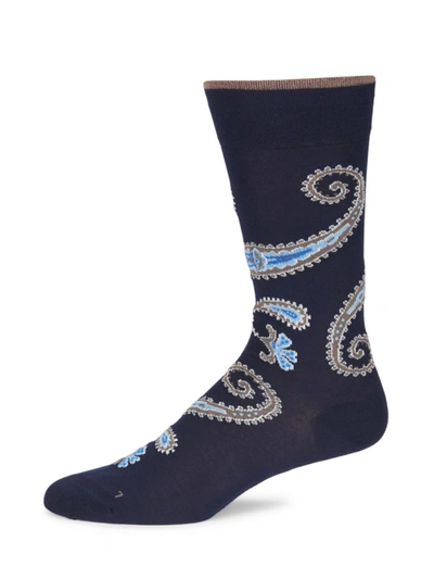 Marcoliani Paisley Stretch Cotton Socks In Navy