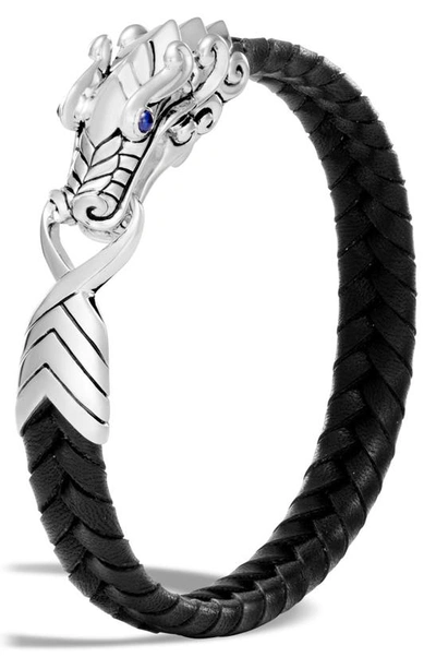 John Hardy Men's Sterling Silver Legends Naga Bracelet With Braided Black Leather And Sapphire Eyes In Black Grey