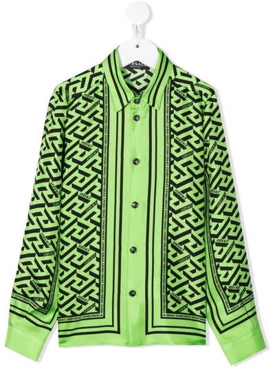 Versace Kids' Greca-print Silk Shirt In Green