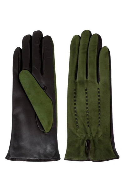 Nicoletta Rosi Cashmere Lined Lambskin Leather Gloves In Black  & Green