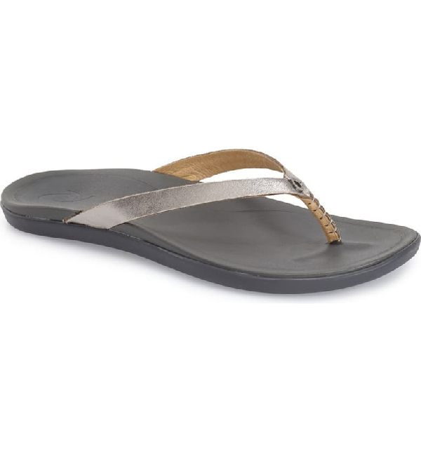 silver leather flip flops