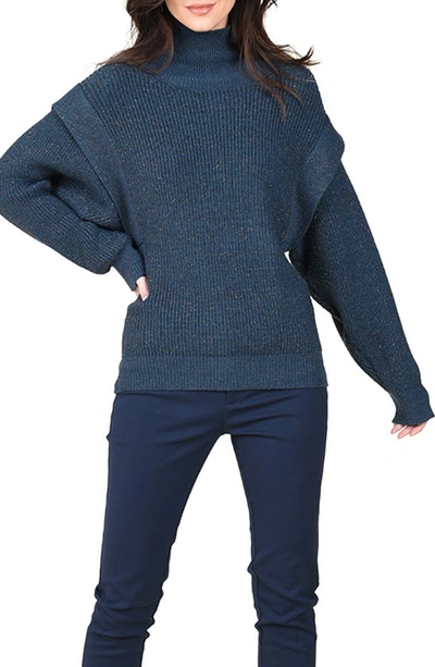 Molly Bracken Sparkle Knit Turtleneck Sweater In Blue