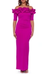 Xscape Ruffle Off The Shoulder Crepe Column Gown In Fuchsia