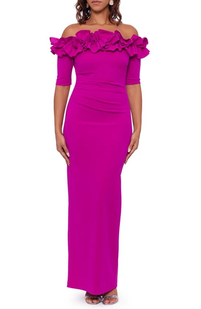 Xscape Ruffle Off The Shoulder Crepe Column Gown In New Fuchia