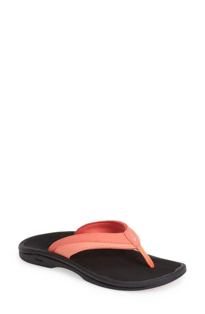 Olukai Ohana Flip Flop In Coral/ Black Faux Leather