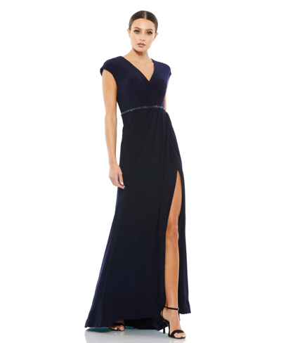 Mac Duggal Faux Wrap V Neck Cap Sleeve Gown In Navy