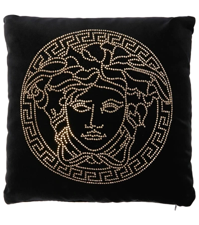 Versace Medusa Embellished Velvet Cushion In Black