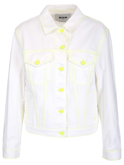 Msgm Denim Jacket With Fluorescent Stiching In White,yellow