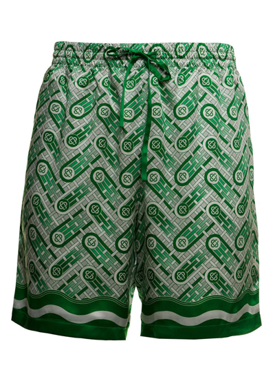 Casablanca Green And White Monogram Silk Bermuda Shorts