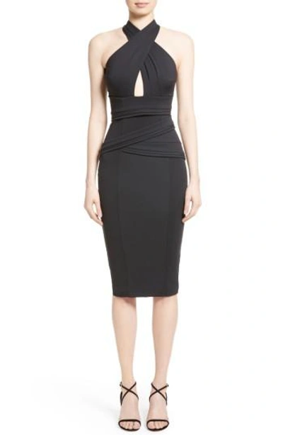 Rachel Gilbert Crossover Halter Scuba Sheath Dress In Black