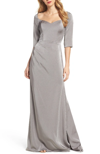 La Femme Elbow-sleeve Sweetheart-neck Evening Gown In Platinum