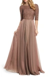 La Femme 3/4 Sleeves Beaded Chiffon Pleated Evening Gown In Cocoa