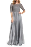 La Femme 3/4 Sleeves Beaded Chiffon Pleated Evening Gown In Platinum