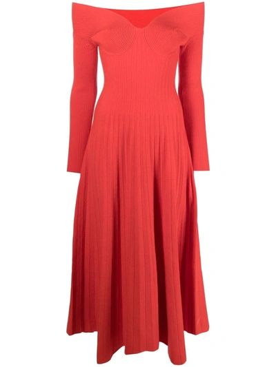 Maria Lucia Hohan Off-shoulder Ribbed-knit Flared Dress In Rot