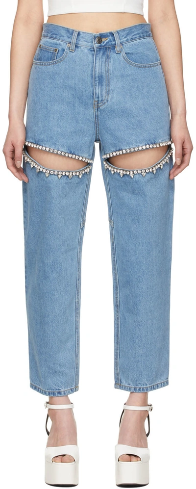Area Cutout Crystal-embellished Distressed High-rise Slim-leg Jeans In Light Blue