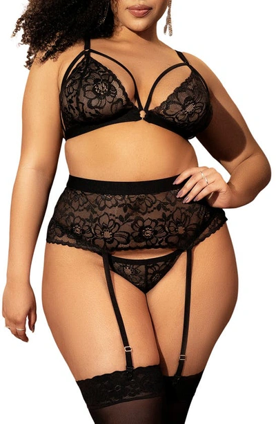 Mapalé Lace Bralette, Thong And Garter Belt In Black
