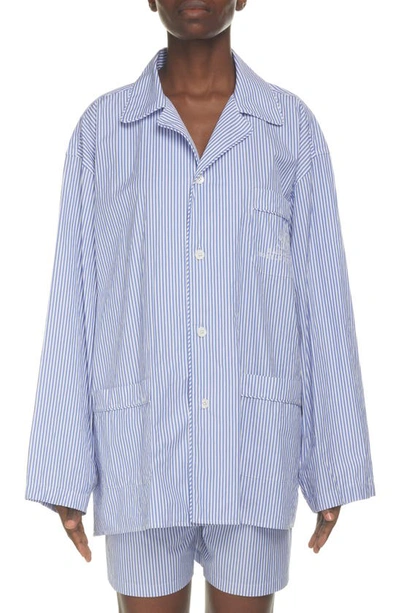 Balenciaga Embroidered Hotel Logo College Stripe Cotton Pyjama Shirt In Blue/ White