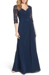 La Femme Ruched Twist Column Gown In Navy