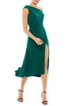 Mac Duggal Foldover Ruched One-shoulder Chiffon Midi Dress In Emerald