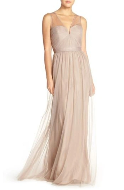 Amsale 'alyce' Illusion V-neck Pleat Tulle Gown In Latte