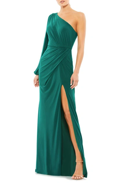 Mac Duggal Jersey One-shoulder Column Gown In Emerald