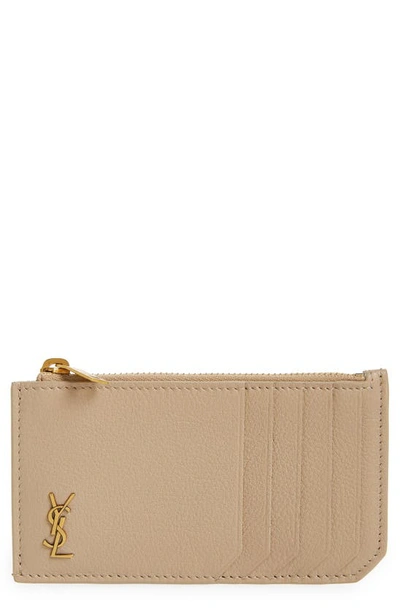 Saint Laurent Fragments Monogram Leather Zip Card Case In Dark Beige