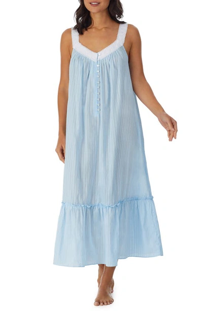 Eileen West Cotton Dobby Stripe Sleeveless Nightgown In Blue