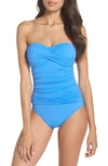 La Blanca Twist Front Bandeau One-piece Swimsuit In Blue Suede
