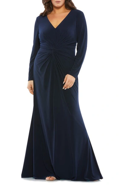 Mac Duggal Plus Size Long-sleeve Jersey Twist Gown In Midnight