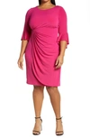 Connected Apparel Gathered Bell Sleeve Faux Wrap Dress In Deep Fuschia