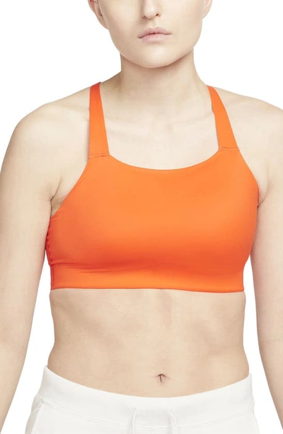 Nike Swoosh Luxe Sports Bra In Rush Orange/ Iron Grey