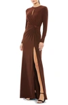Mac Duggal Ruched Keyhole Long Sleeve Jersey Gown In Chocolate