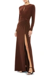 Mac Duggal Ruched Keyhole Long Sleeve Jersey Gown In Brown