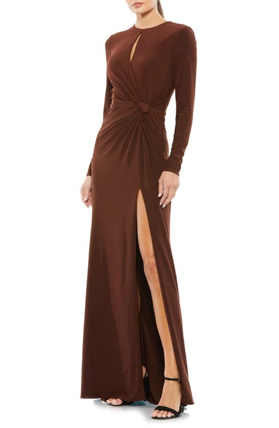 Mac Duggal Ruched Keyhole Long Sleeve Jersey Gown In Chocolate