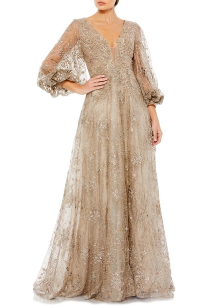 Mac Duggal Embellished Plunge Neck Puff Sleeve A Line Gown In Brown