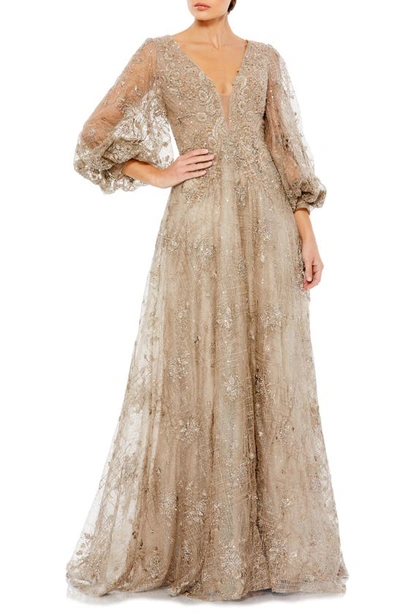 Mac Duggal Embellished Plunge Neck Puff Sleeve A Line Gown In Mocha