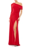 Mac Duggal Foldover Neck One-shoulder Jersey Gown In Red