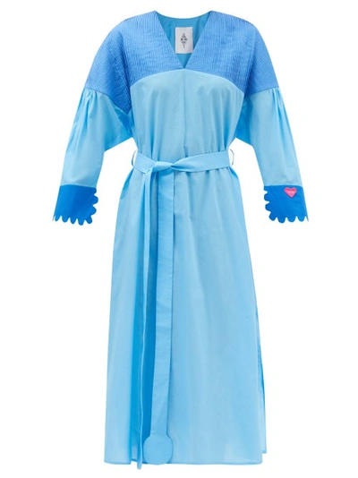 Horror Vacui Hazel Pintucked-yoke Cotton-poplin Dress In Blue