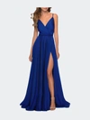 La Femme V-neck Long Chiffon Dress With High Slit In Blue