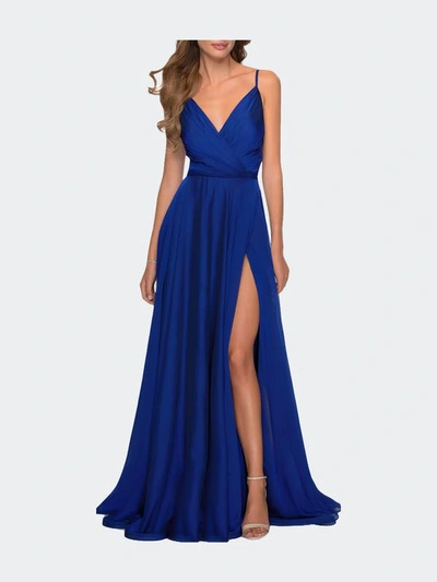 La Femme V-neck Long Chiffon Dress With High Slit In Blue