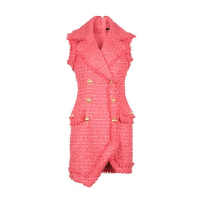 Balmain Short Tweed Dress With Double-buttoned Fastening In Salmon Rose