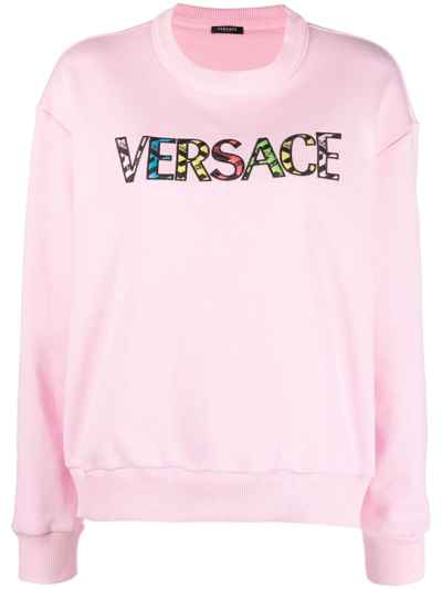 Versace Embroidered French Cotton-terry Sweatshirt In Pink