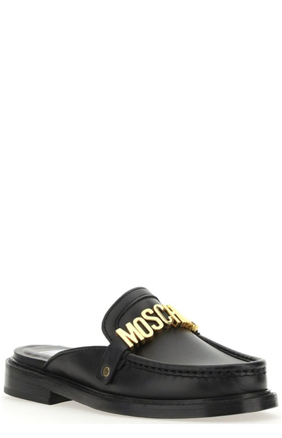 Moschino Logo-lettering Leather Mules In Black